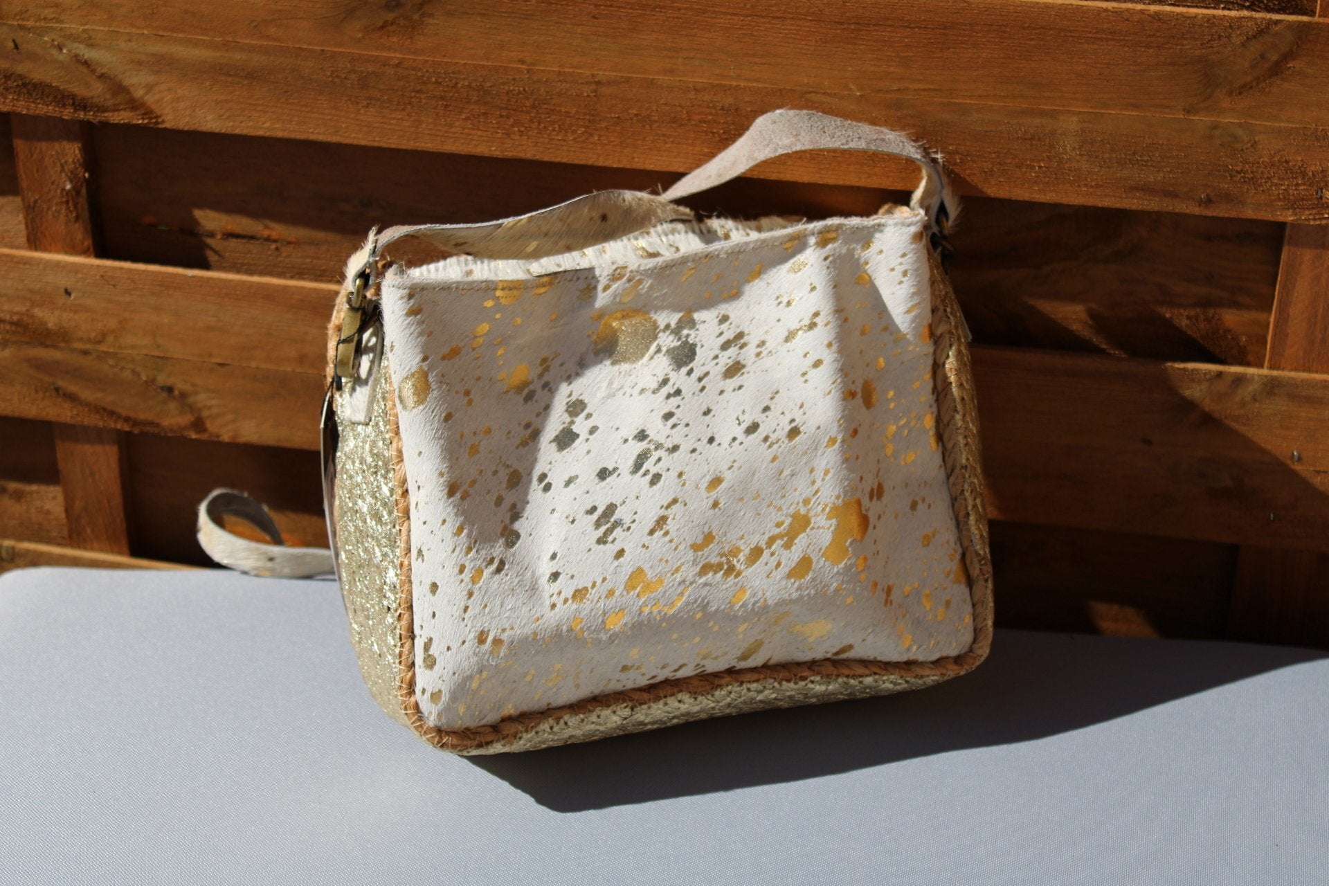 Sac Femme carré jute -devant cuir tacheté -portée épaule
