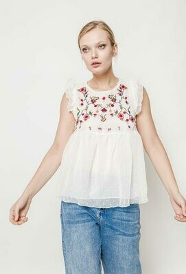 .T-shirt en Voile Plumetis Avec Broderie Fleurie sur le Haut - Douceur et Elégance