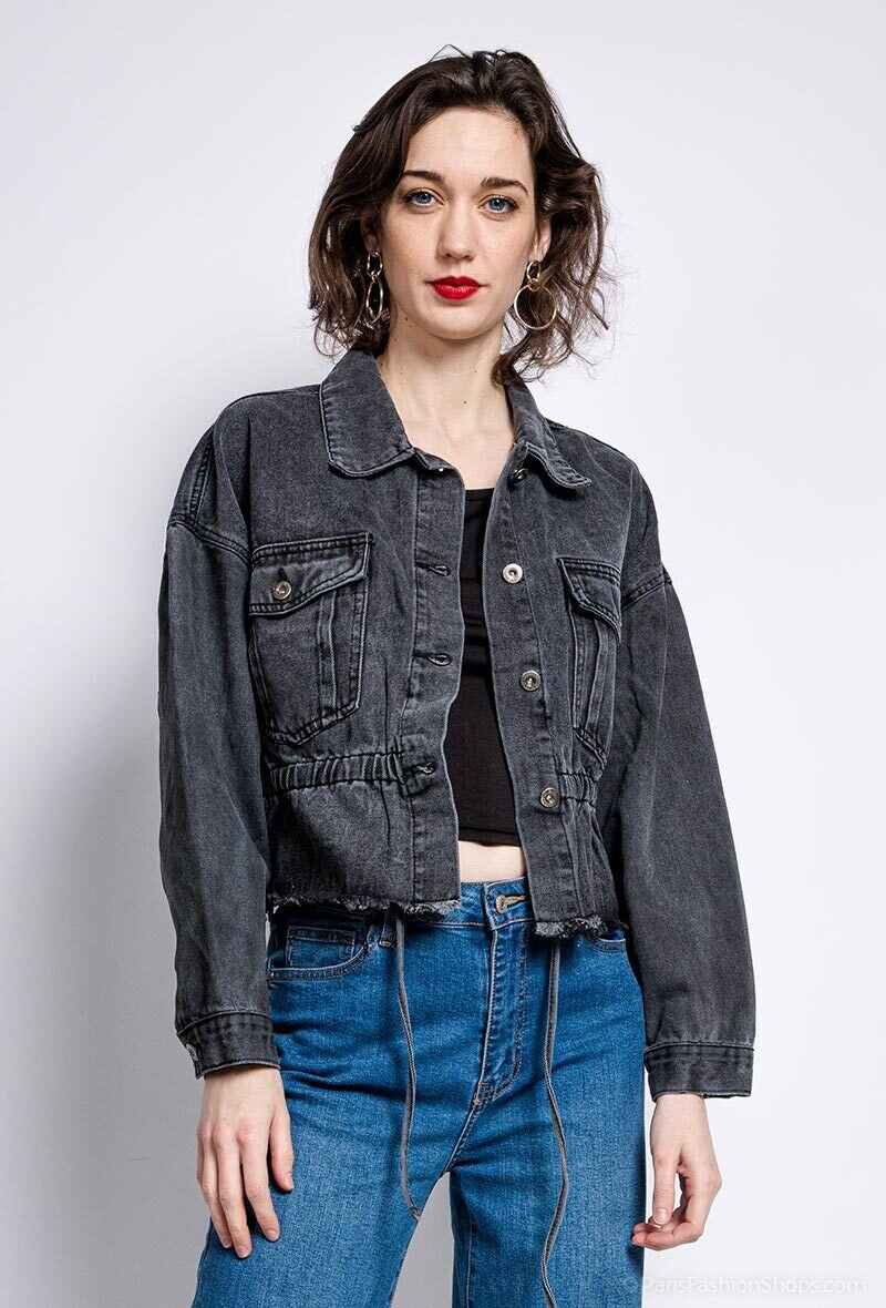 Veste en Jeans Courte Effilochée avec lien de resserrage- Tendance Urbaine