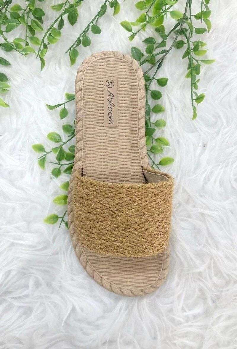 Mule Plate en Raphia Camel avec semelle en Corde pour Femme