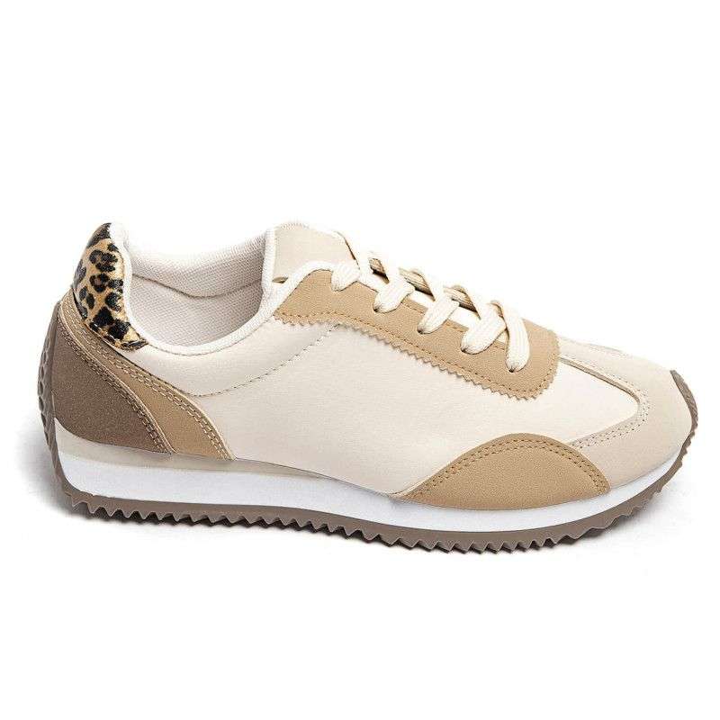 Baskets Femme blanc et beige à contrefort léopard