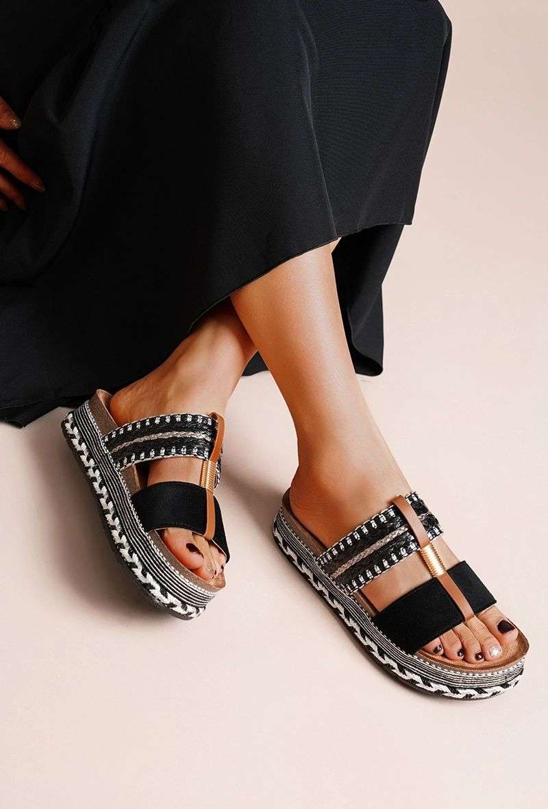 Mules Noir Compensées Bohèmes Élégantes – Confort & Style Estival