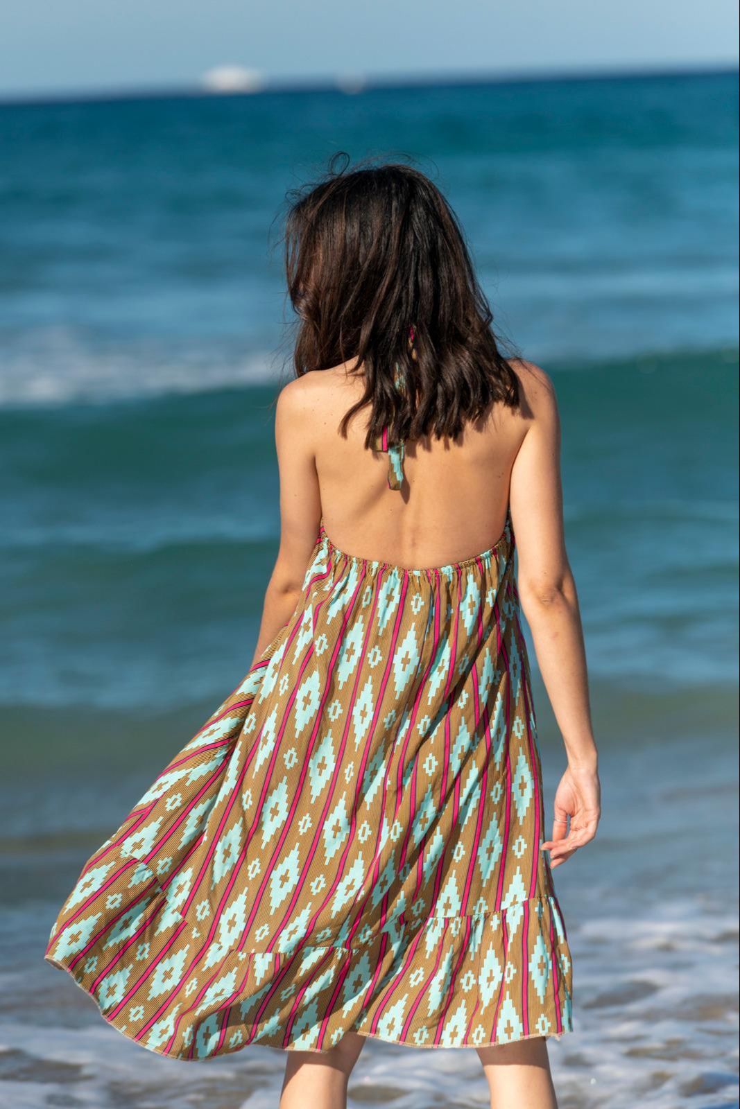 Robe Femme dos nu- imprimé ethnique -bleu turquoise et marron