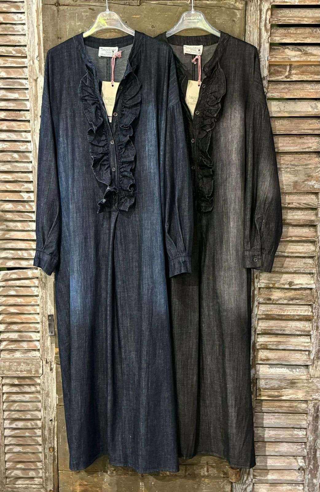 Robe en Jeans Souple Longue avec Col Jabot - Banditas