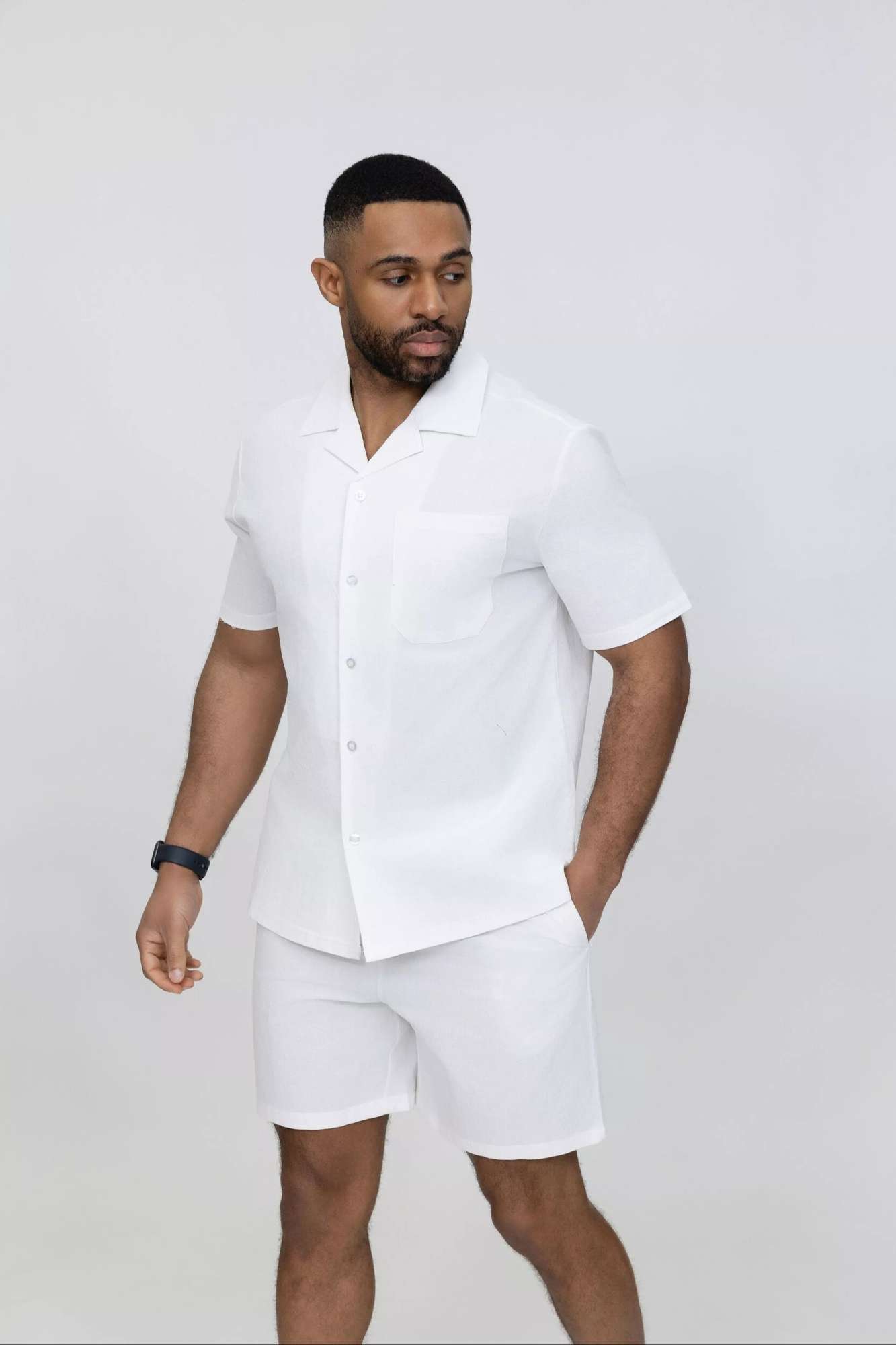 Ensemble homme chemise short coton uni - blanc