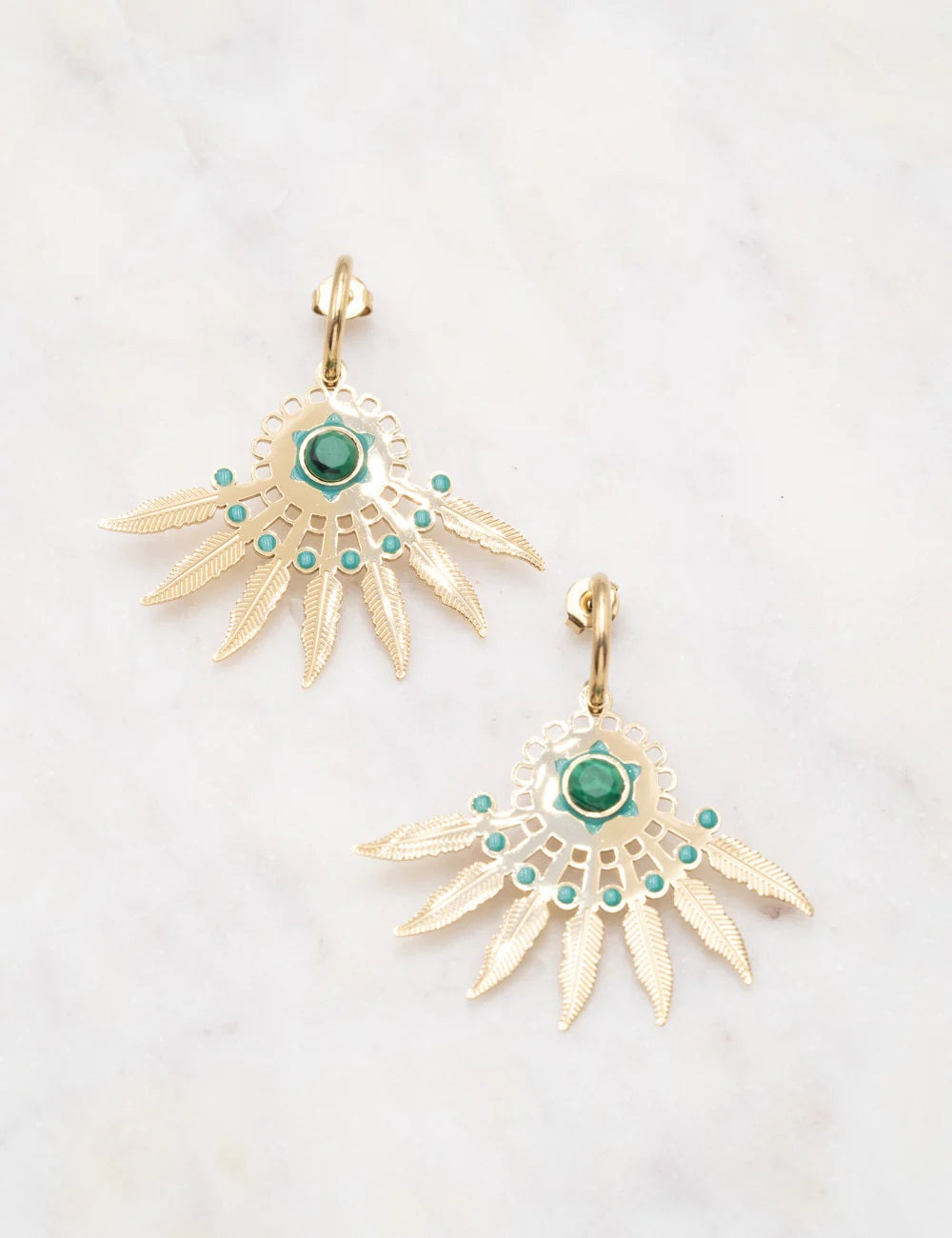 Boucles d'Oreilles Créoles Ethniques plume et pierre