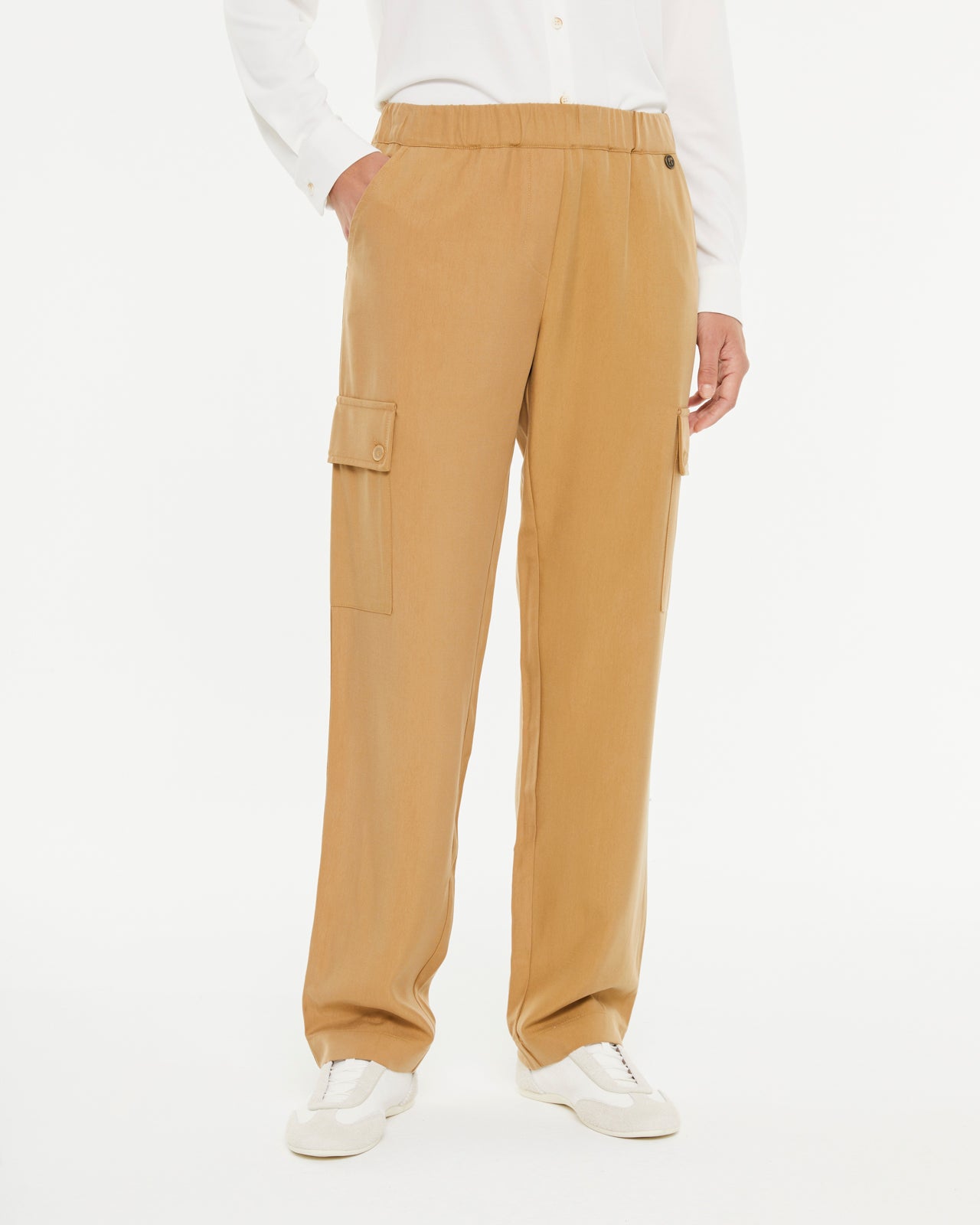 Pantalon cargo habillé femme camel : chic et confort avec ceinture élastique