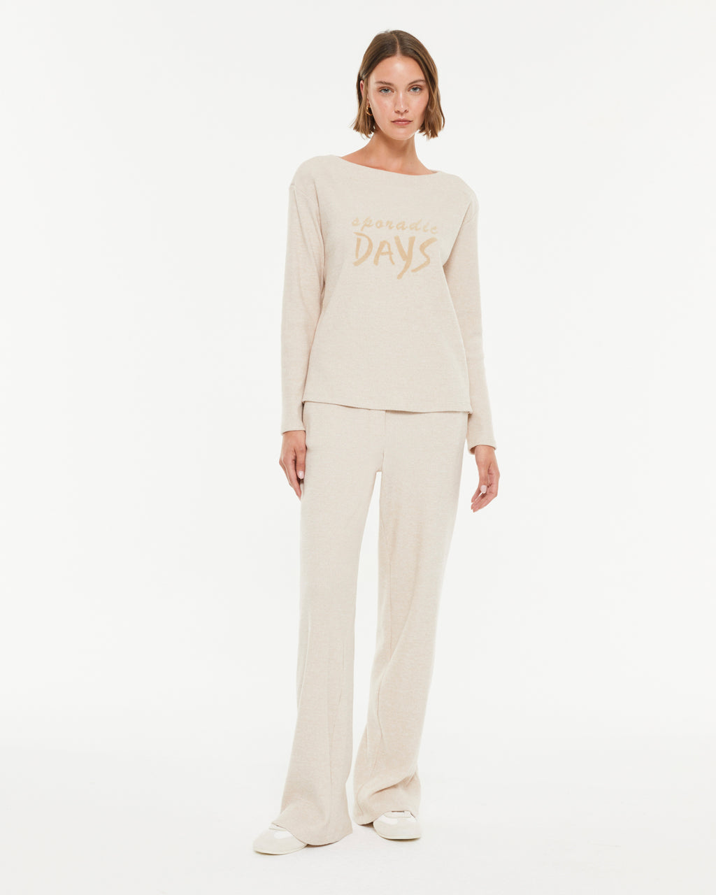 Pantalon palazzo femme beige côtelé – Ceinture élastique confort