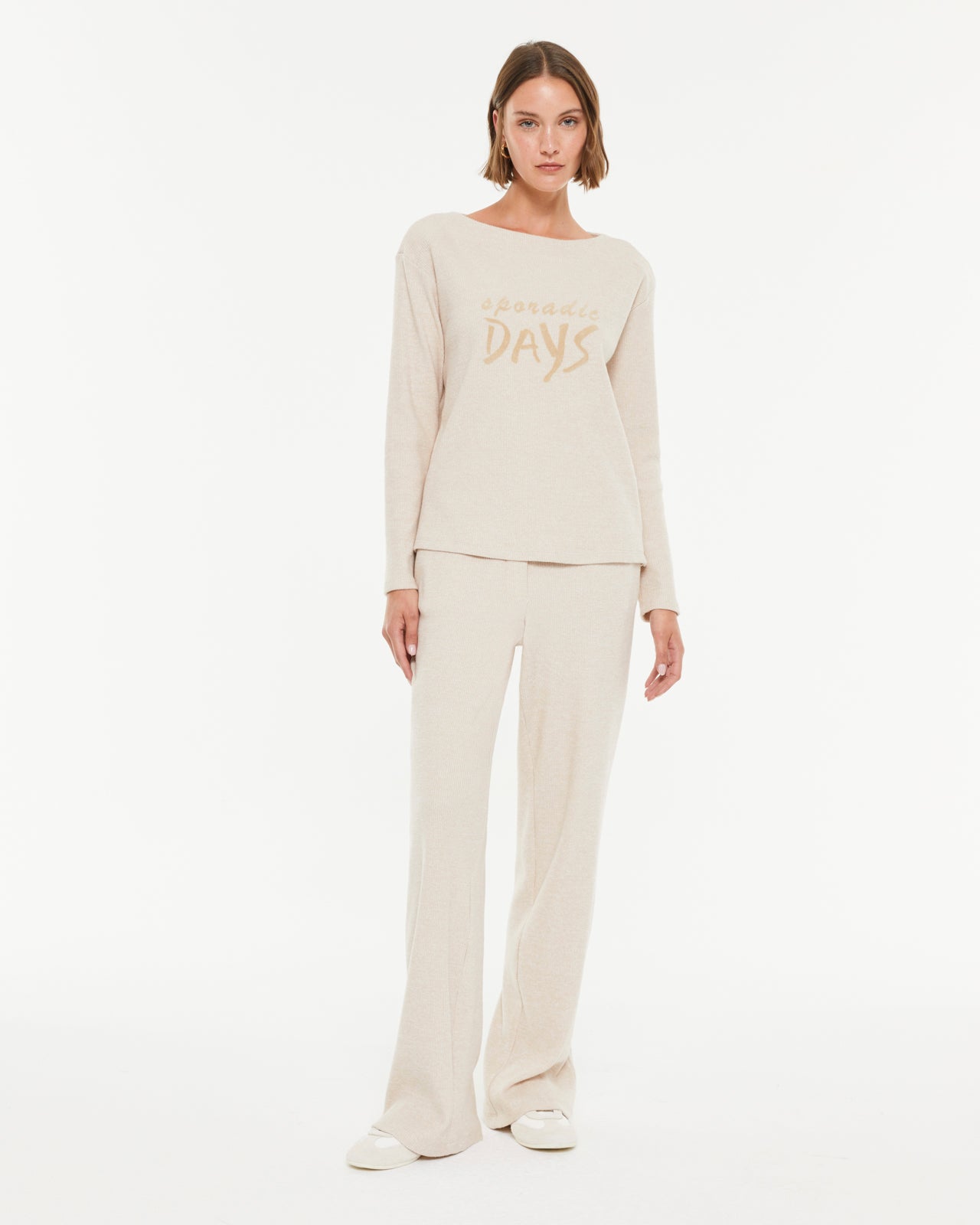 Pantalon palazzo femme beige côtelé – Ceinture élastique confort