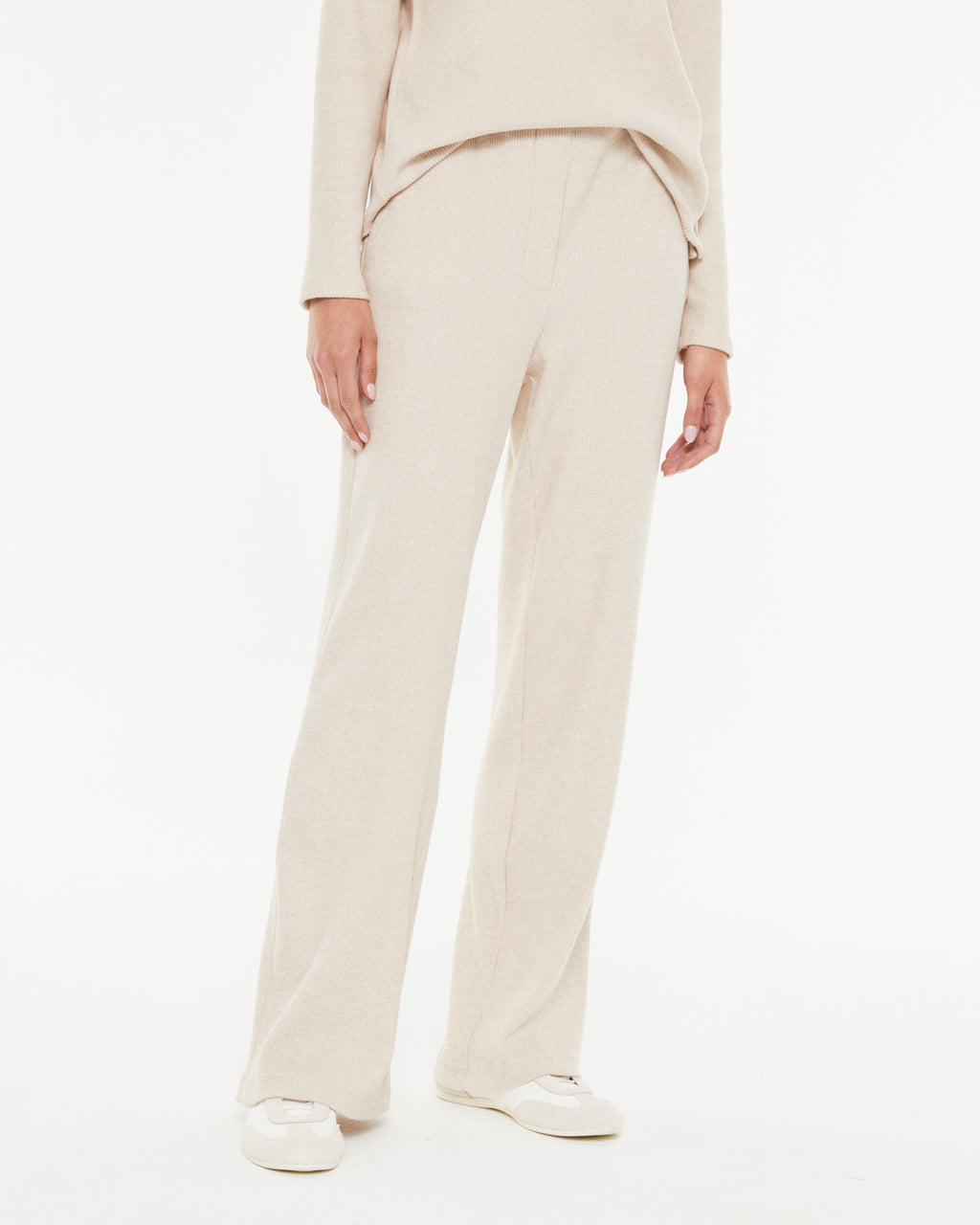 Pantalon palazzo femme beige côtelé – Ceinture élastique confort