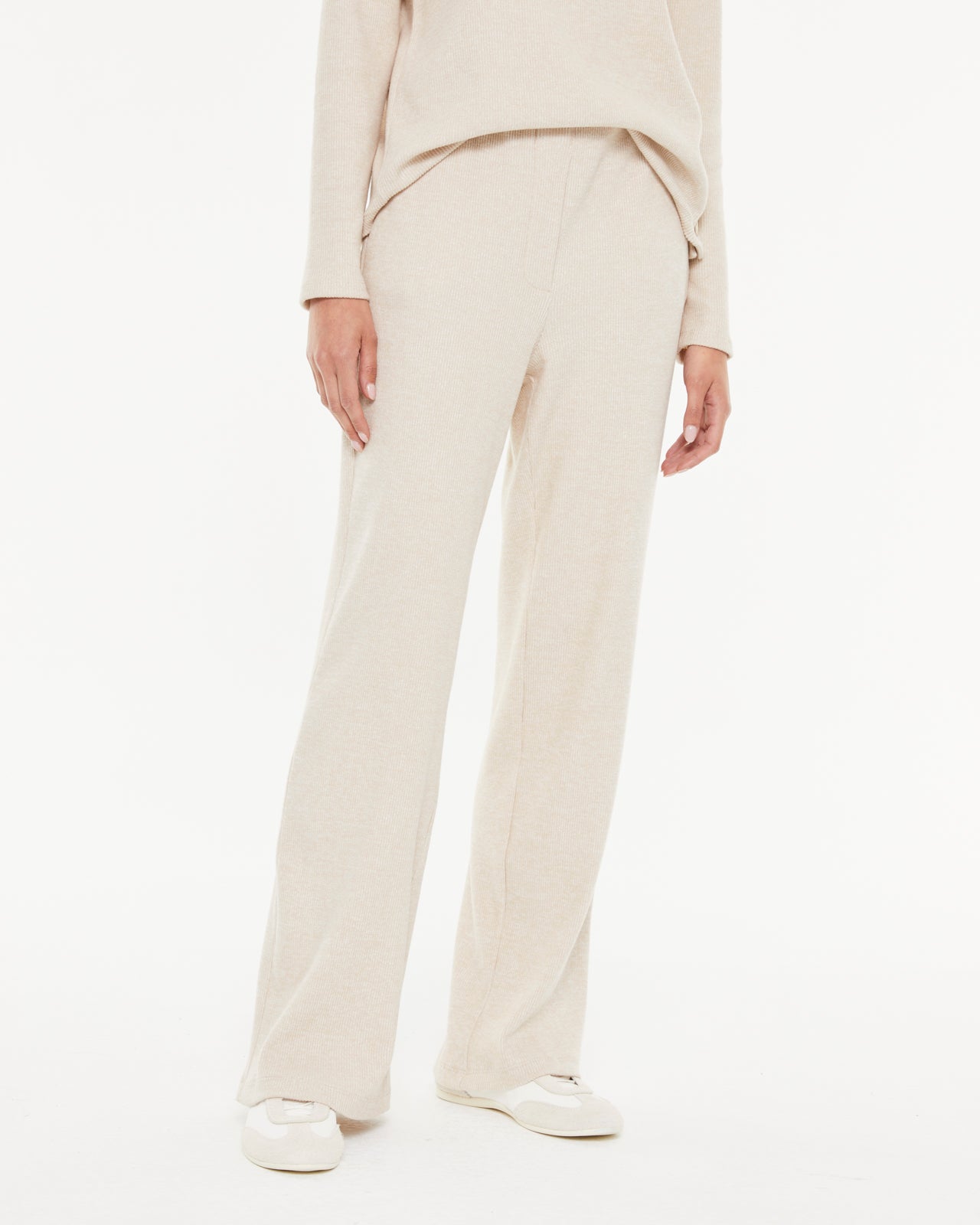 Pantalon palazzo femme beige côtelé – Ceinture élastique confort