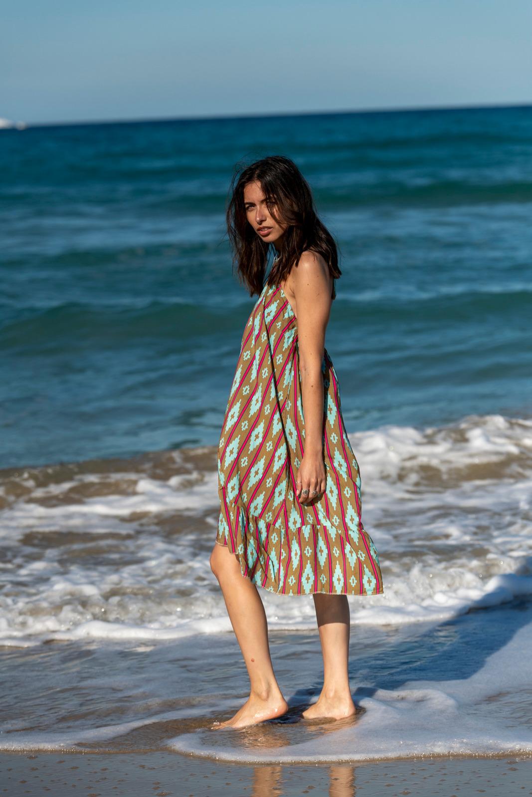 Robe Femme dos nu- imprimé ethnique -bleu turquoise et marron