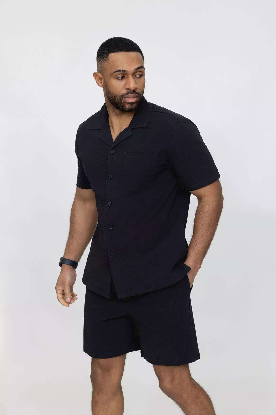 Ensemble homme chemise short coton uni - noir