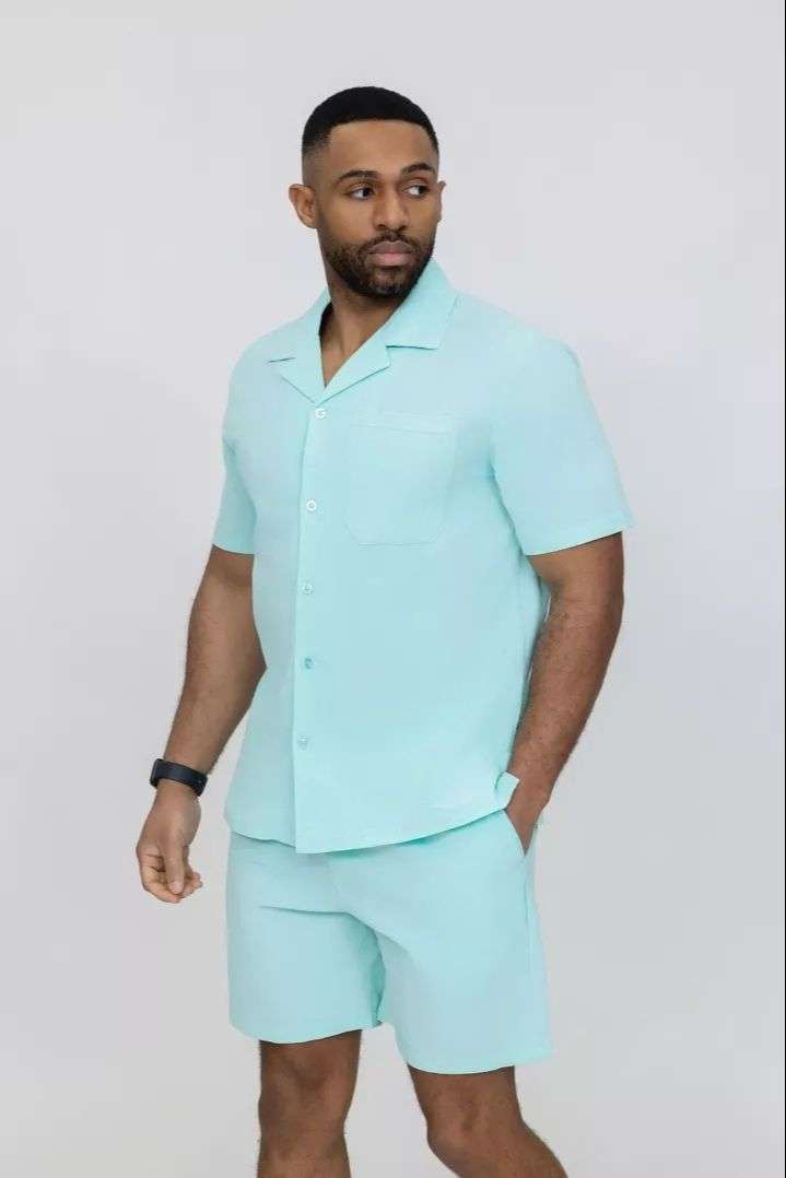 Ensemble homme chemise short coton uni - bleu ciel