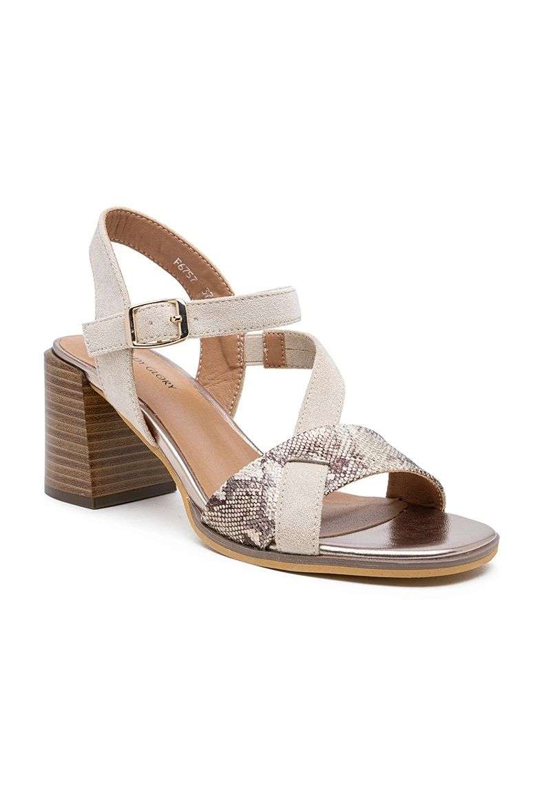 Sandales à talon carré beige & python - Lanières croisées et bride Cheville
