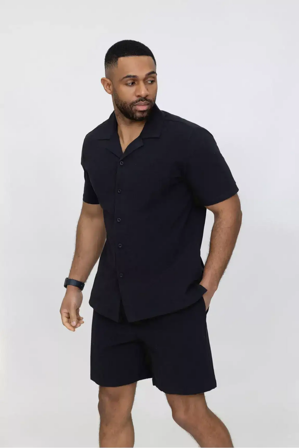 Ensemble homme chemise short coton uni - noir