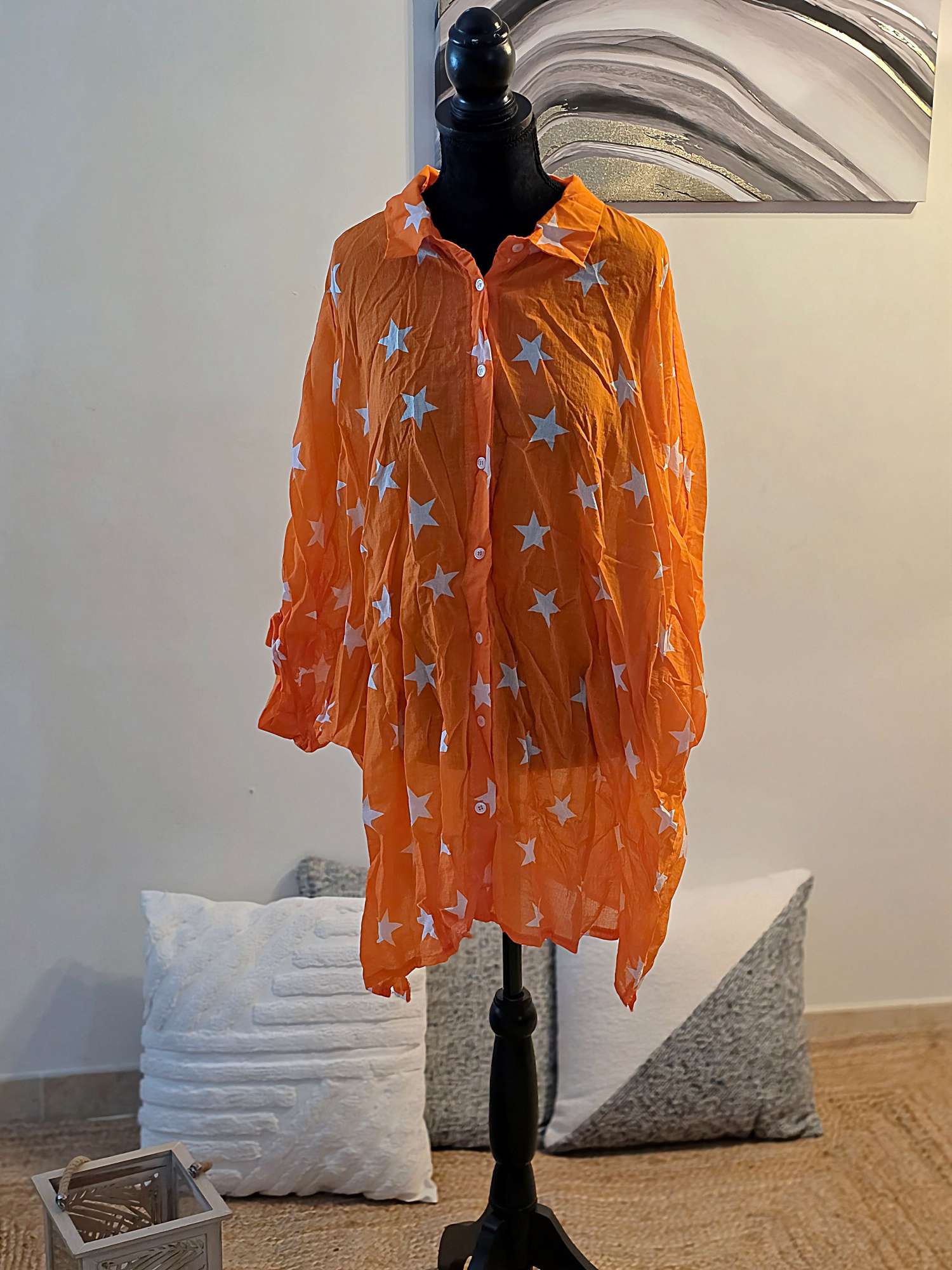 Chemise oversize femme en voile de coton orange – motif étoile blanche