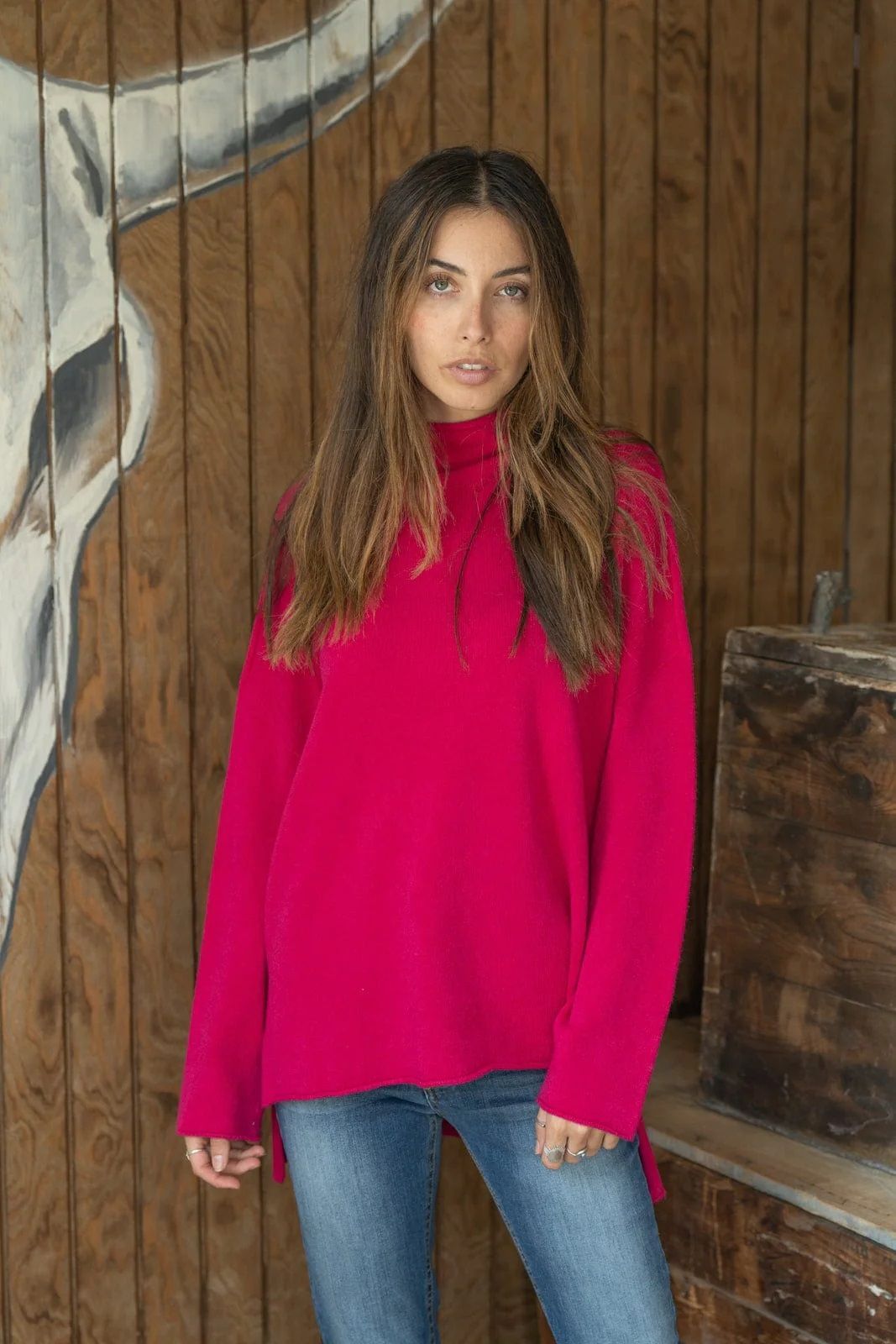 Pull Femme fuchsia col mao -Chantal-B