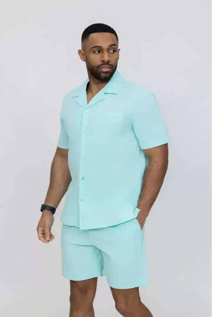 Ensemble homme chemise short coton uni - bleu ciel