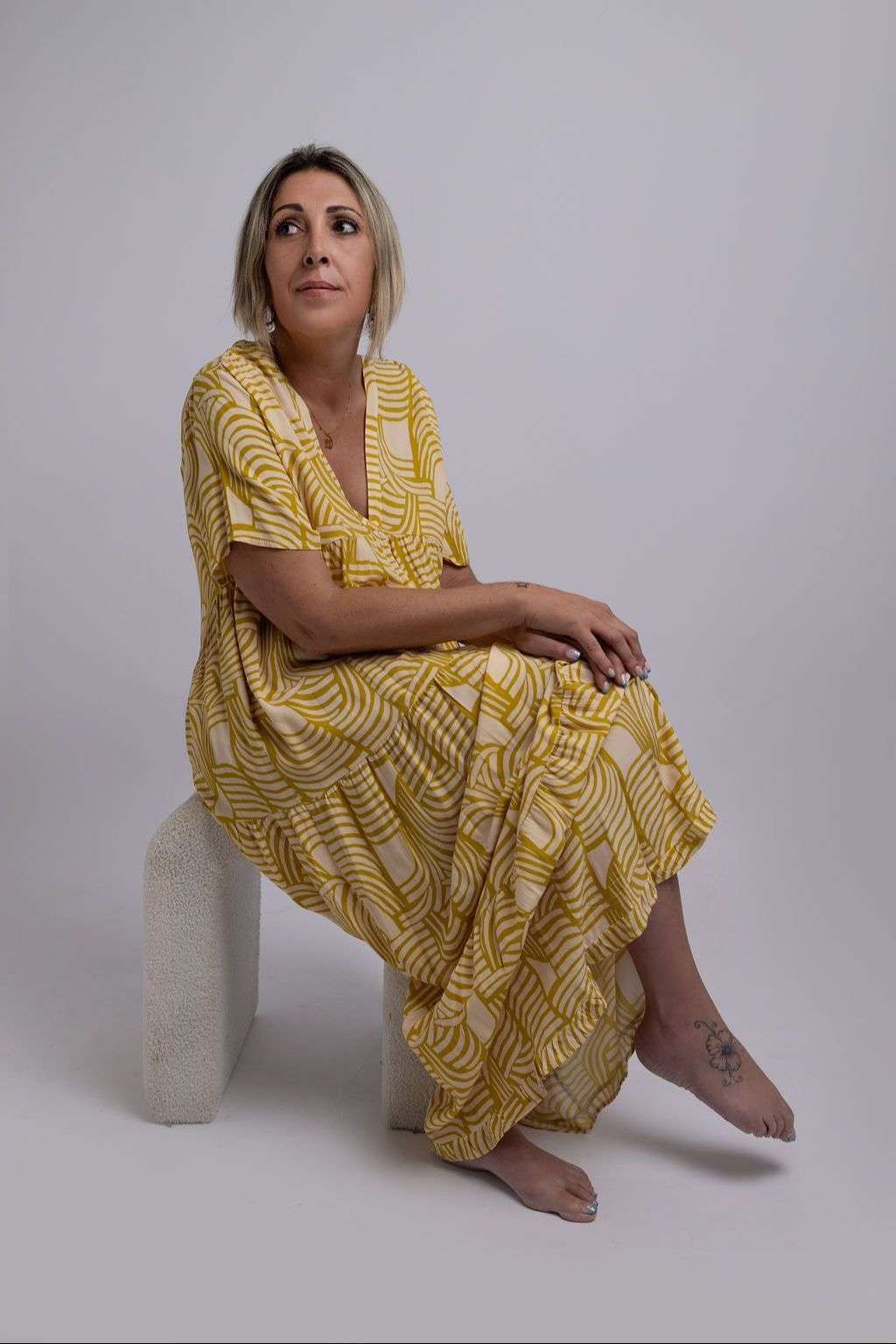 Robe Bohème Longue Femme – Motif Géométrique Moutarde